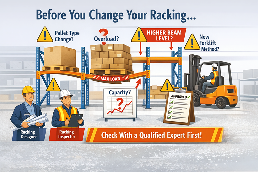 a cartoon style image depicting racking issues and why you should not modify without consulting the designer or manufacturer
